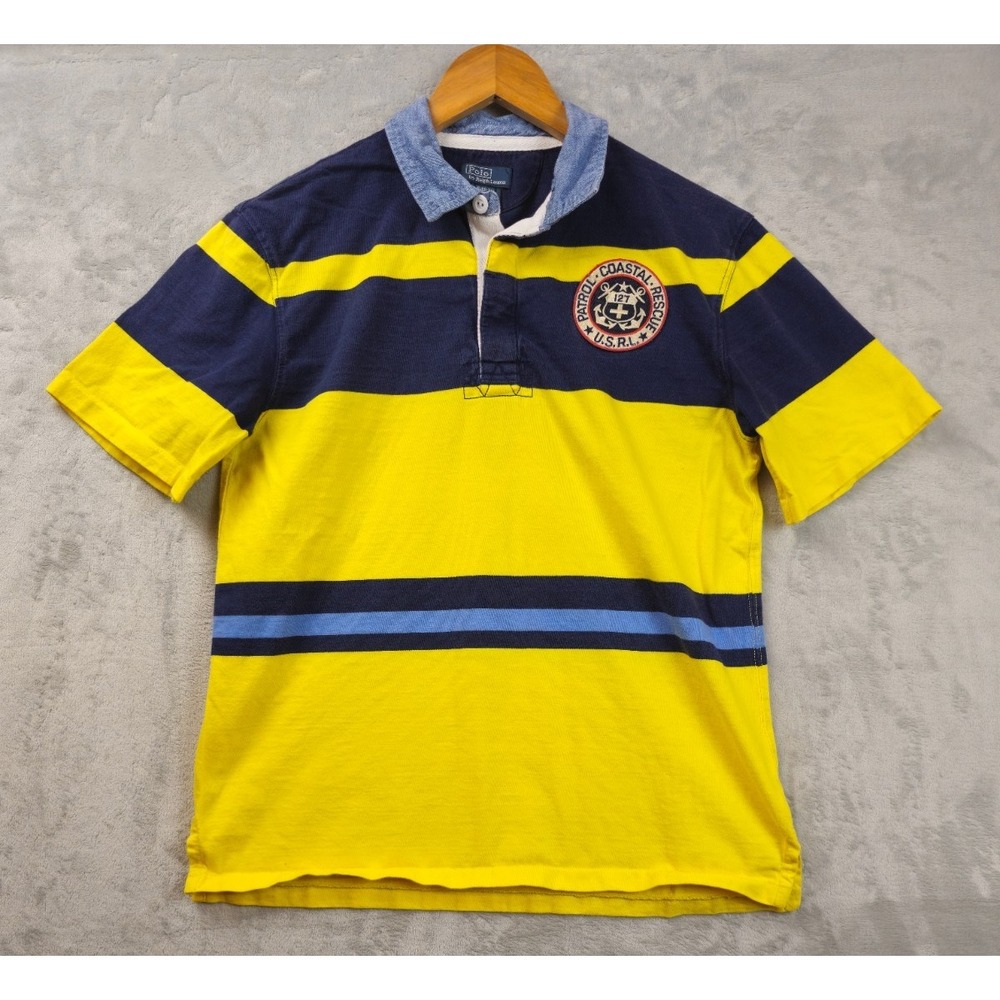 Polo Ralph Lauren Rugby Shirt Youth XL Yellow Navy Striped Rescue Patrol Vintage